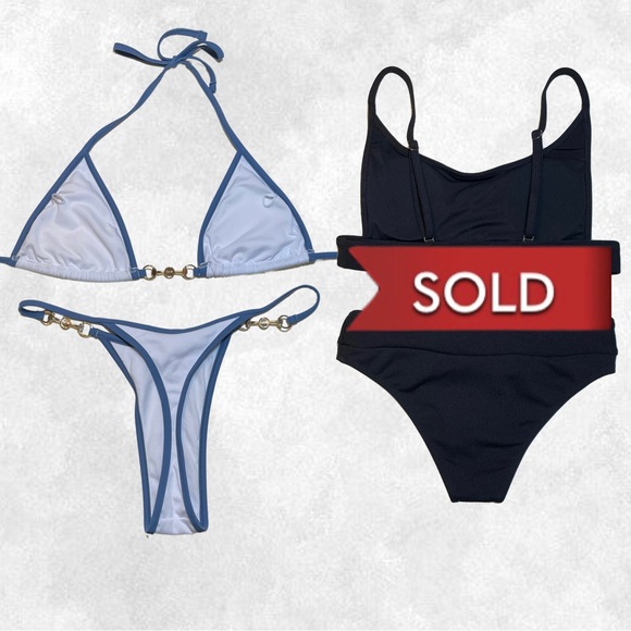 Swim White Blue Hem Triangle Tie Thong Bikini W Gold Pearl Hardware